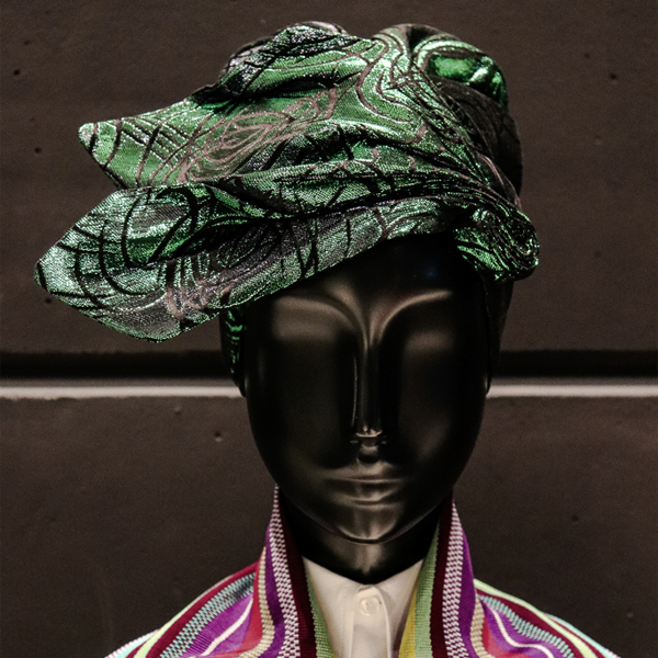 Green Metallic Brocade Rose Turban